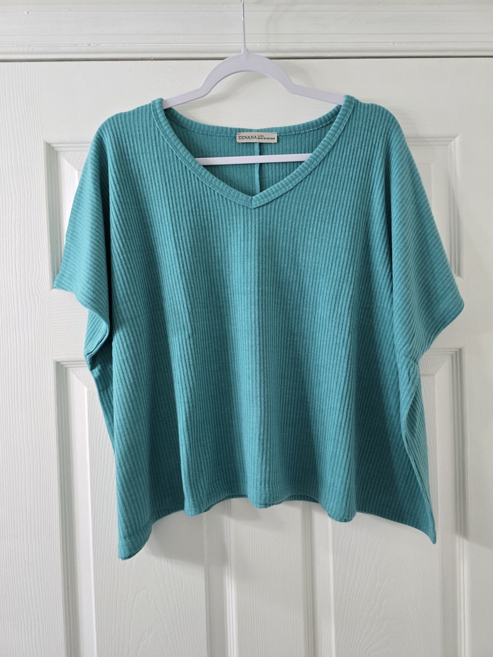 Zenana Outfitters Ribbed Hacci V-Neck Shirt - Teal - L/XL